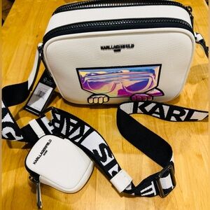 Karl Lagerfeld Maybelle Crossbody White Bag with Holographic logo/ Dustbag NWT
